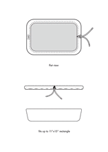 Load image into Gallery viewer, Two greyscale drawn diagrams; the top shows the flat view of a rectangular cover with stitched rim and loose drawstrings, the second shows a side view of rectangular dish and the cloth cover in profile above it. The diagram notes that the cover fits up to an 11&quot; x 15&quot; rectangular dish.
