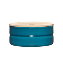 Load image into Gallery viewer, Straight on view of a blue container with a wood top.
