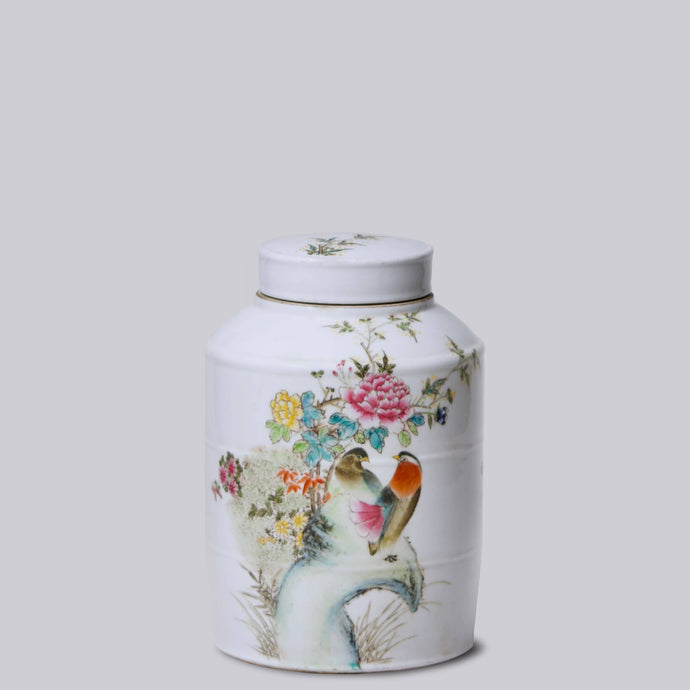 Bird and Flower Famille Style Porcelain Lidded Canister Sculpture & Decorative Art Cobalt Guild 
