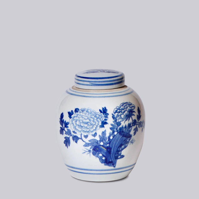 Blue and White Porcelain Abundant Peony Round Jar Sculpture & Decorative Art Cobalt Guild 
