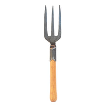 Load image into Gallery viewer, Underside view of a handheld garden fork in metal with a wooden handle.
