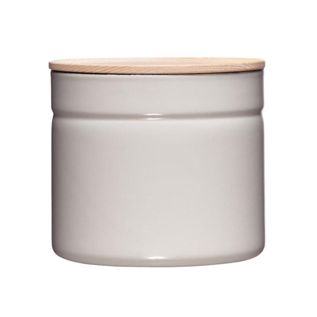 Straight on view of a light grey  container with a wood top.