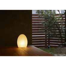 Load image into Gallery viewer, Image of an illuminated egg shaped paper lamp on the edge of a porch with a fence and tree in the near distance.
