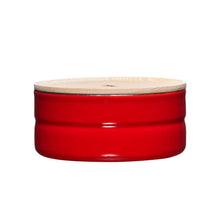 Load image into Gallery viewer, Straight on view of a red container with a wood top.
