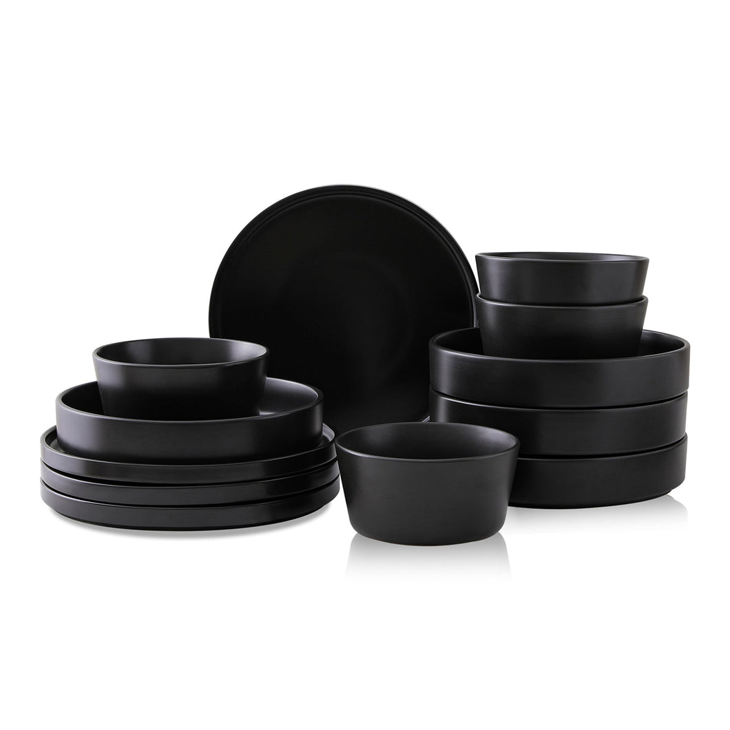 Celina Stoneware Dinnerware Set, Cereal and Dinner Bowls - Black Stoneware Stone + Lain 