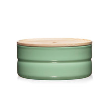 Load image into Gallery viewer, Straight on view of a green container with a wood top.
