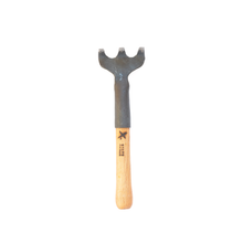 Load image into Gallery viewer, Top view of a metal 3 tine garden rake with wooden handle.
