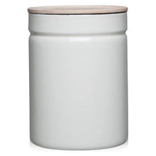 Load image into Gallery viewer, Side view of a tall light grey round container with a wood top.
