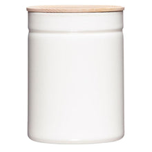 Load image into Gallery viewer, Side view of a tall white round container with a wood top.
