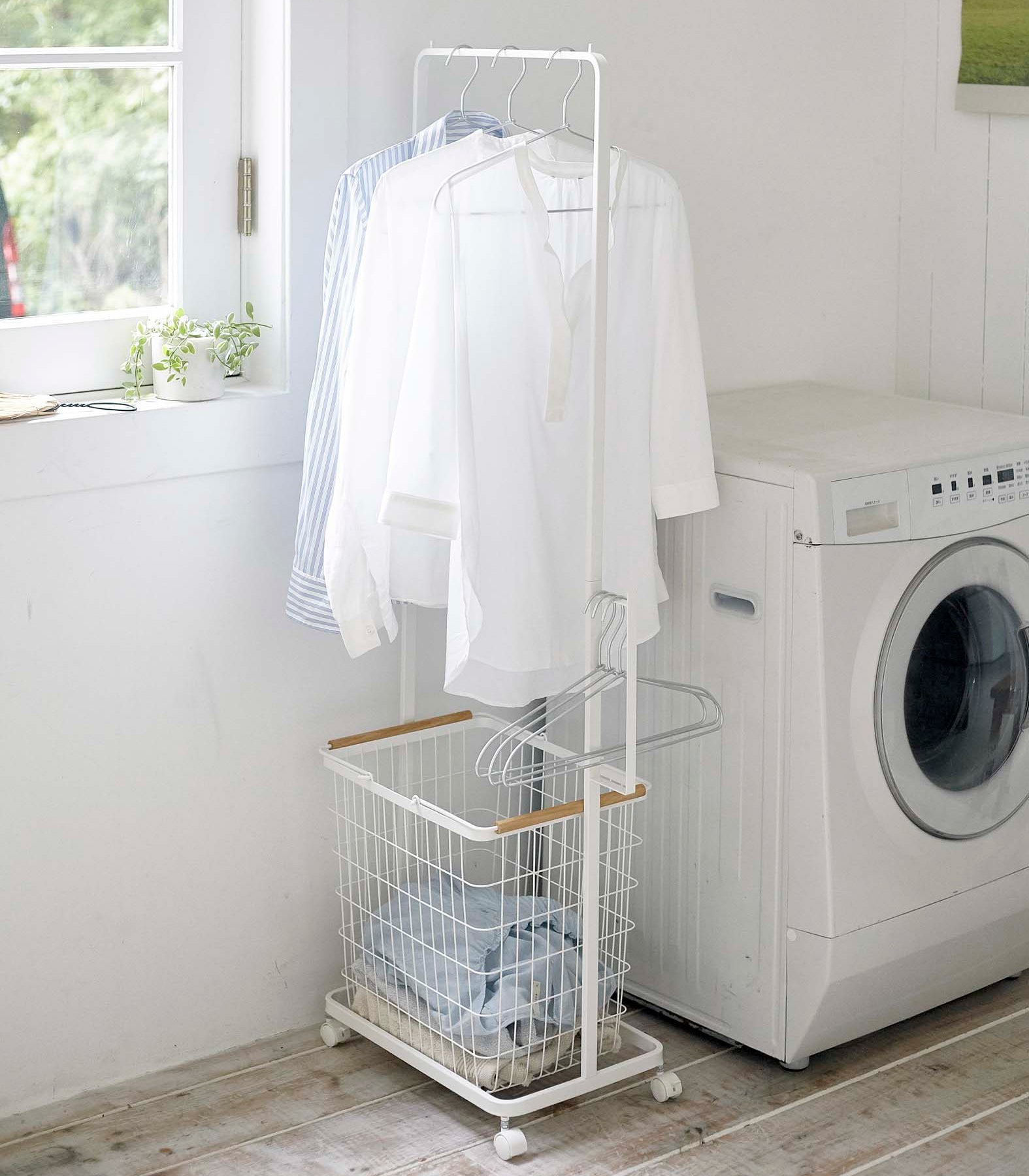 Yamazaki Rolling Laundry Cart Wire Basket Steel Wood